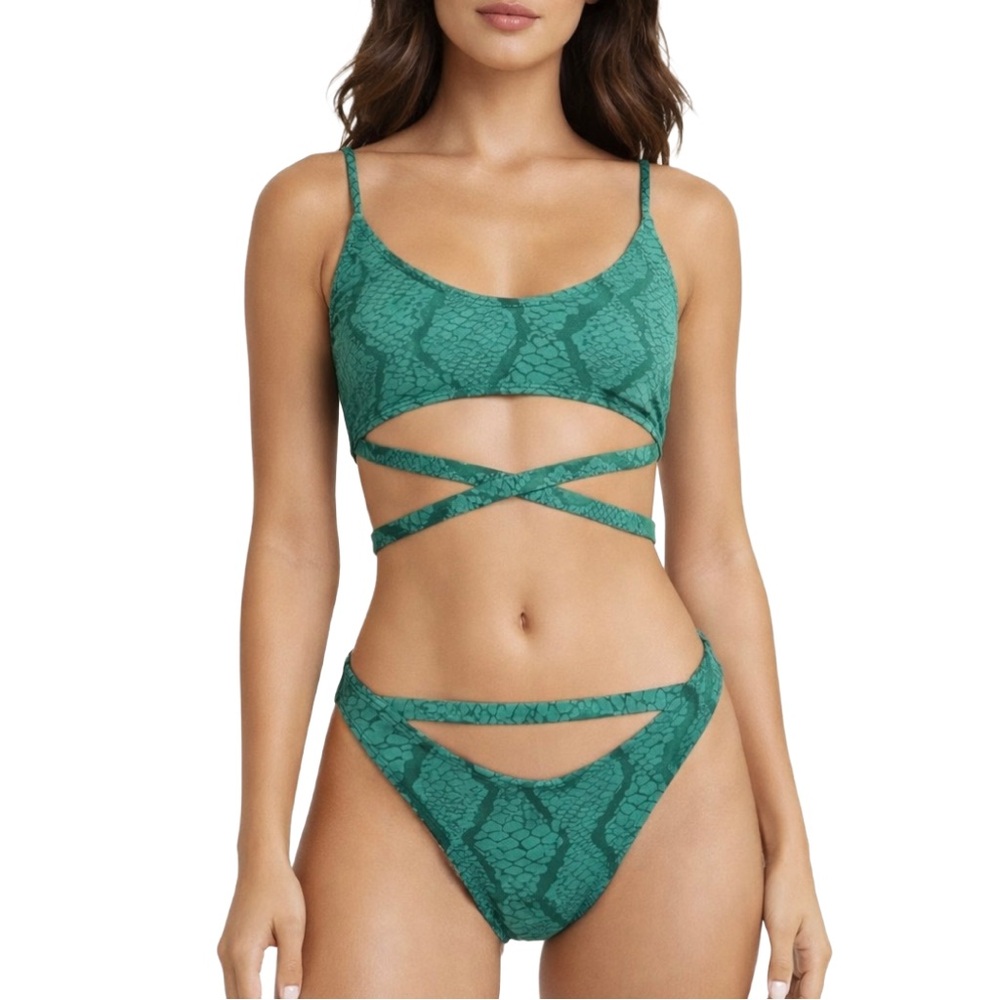 Missguided Green Snakeskin Wrap Bikini Set High Cut Women’s S
